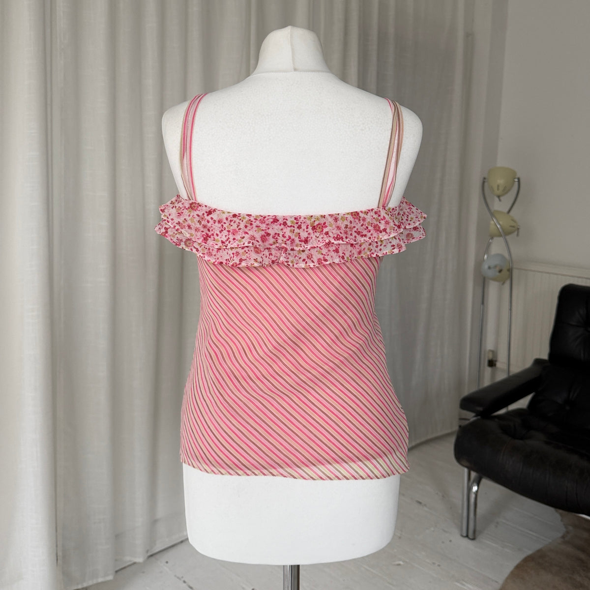 2000s Pink Stripe Layered Mesh Cami Top