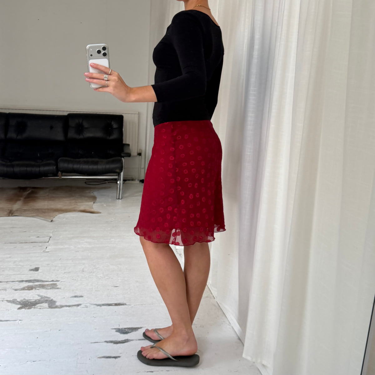 1990s Red Polka Dot Mesh Midi Skirt