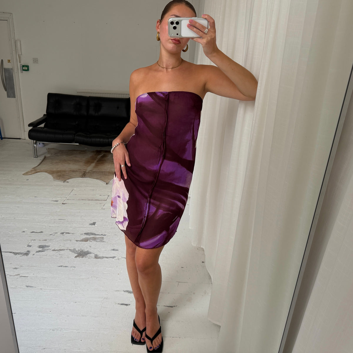 Purple Floral Strapless Midi Dress