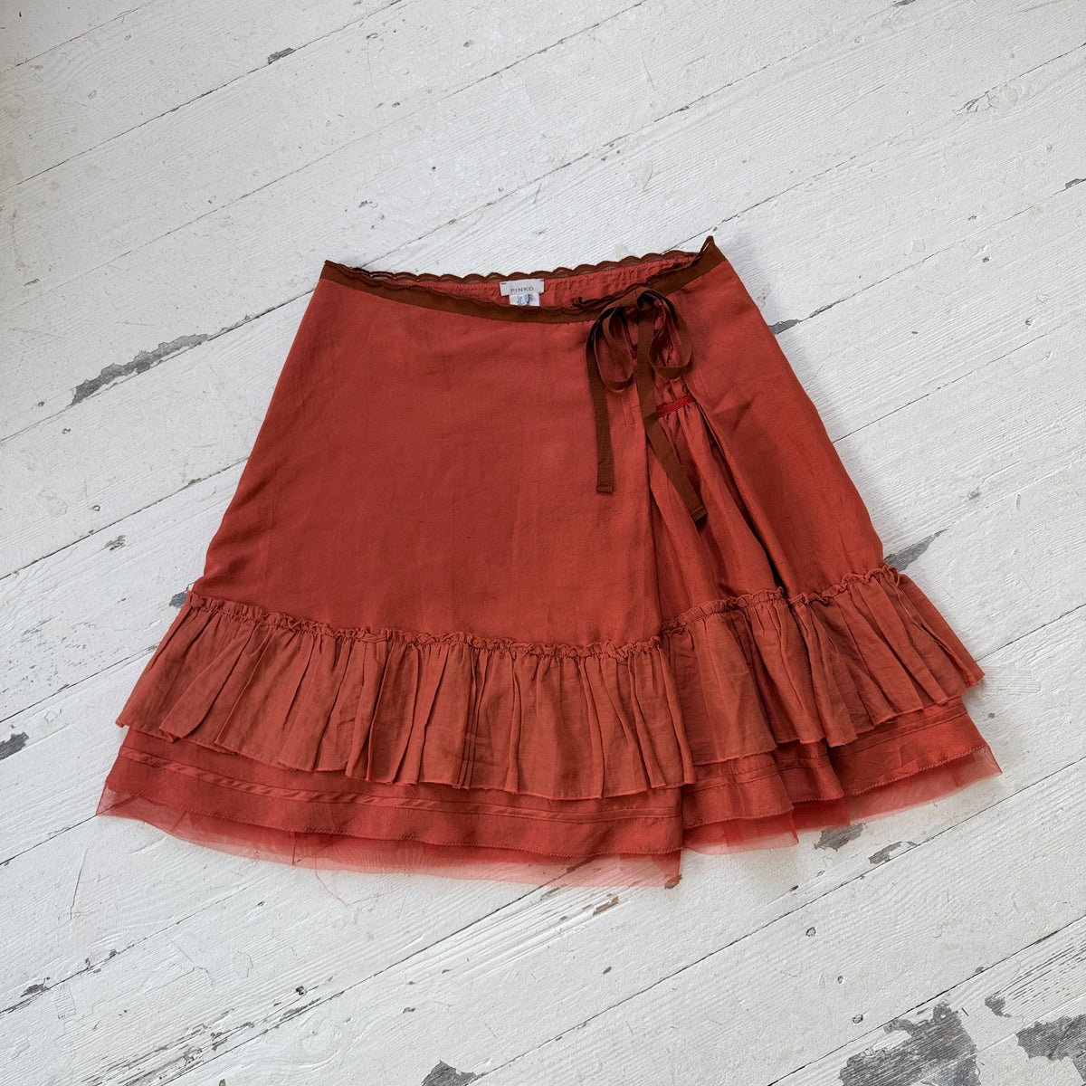 Coral Red Silk Ruffle Midi Skirt