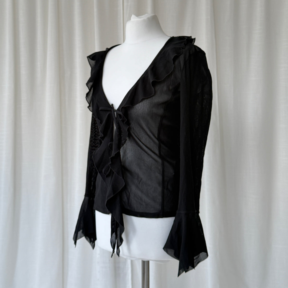 Black Sheer Ruffle Tie Blouse