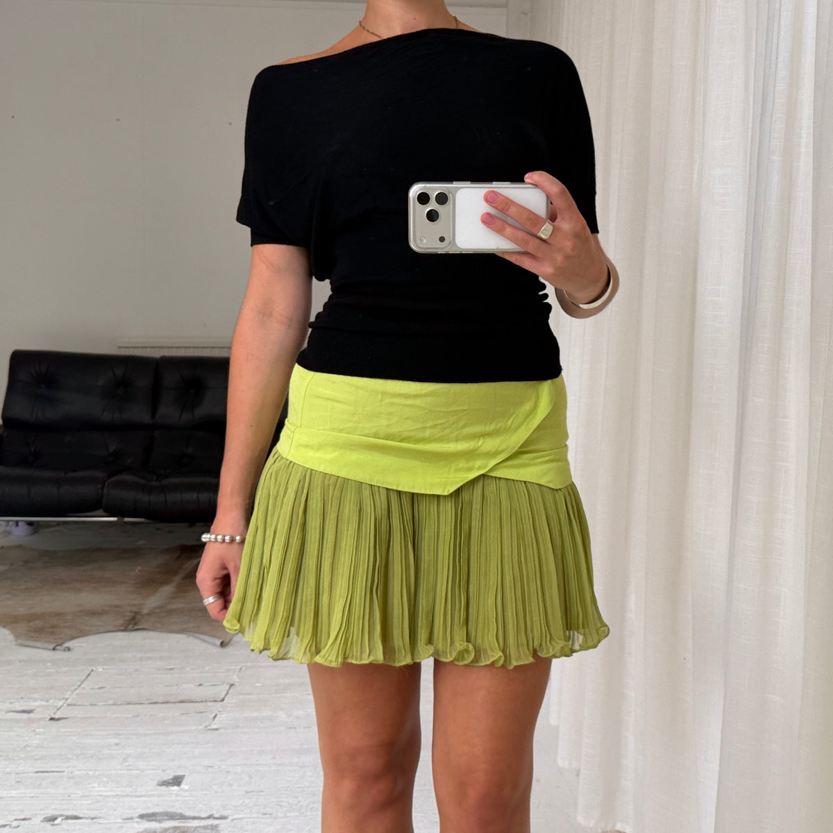 Lime Green Pleated Mini Skirt