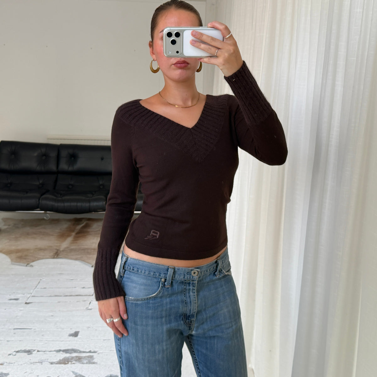 Brown Angora Blend V-Neck Jumper