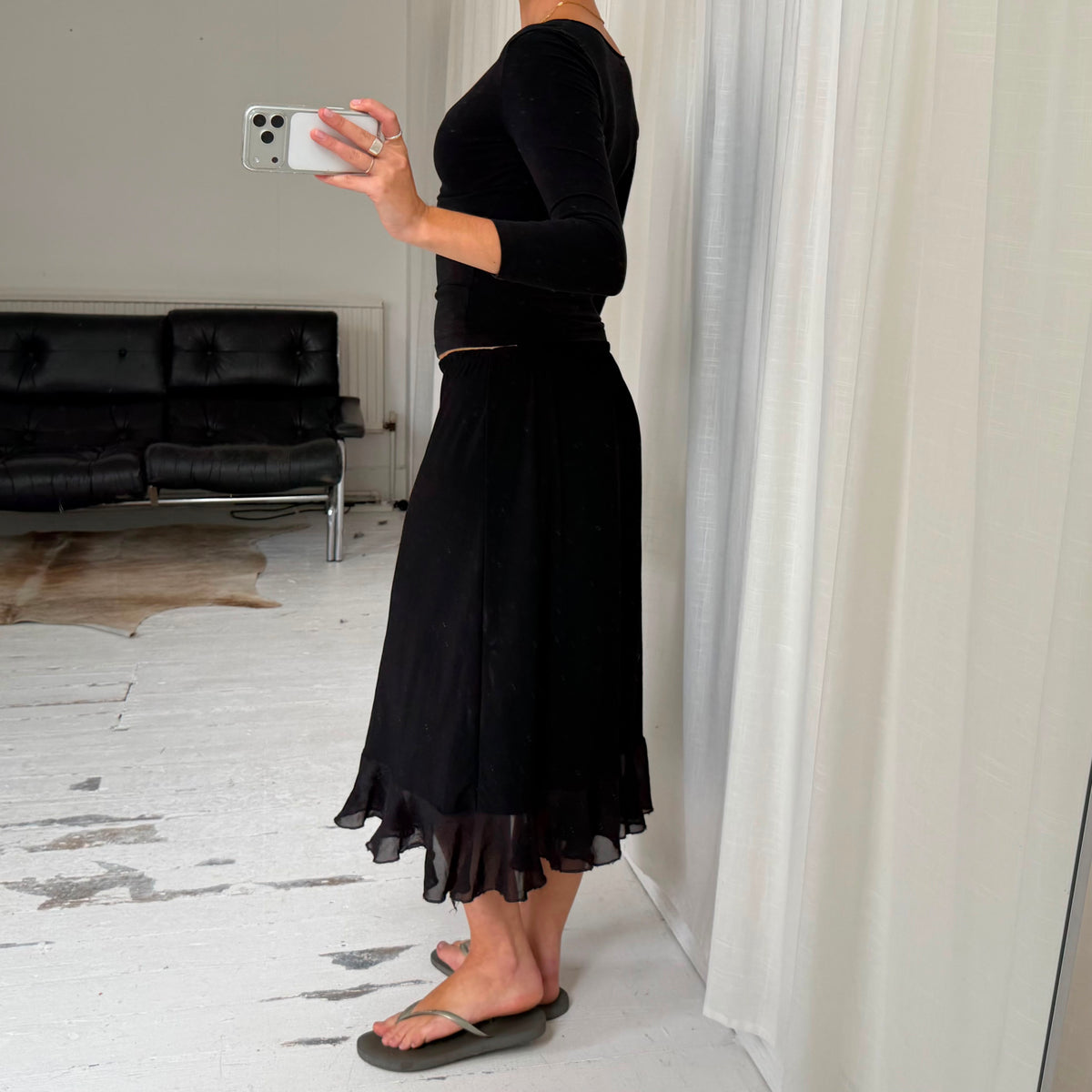 Black Ruffle Asymmetric Maxi Skirt