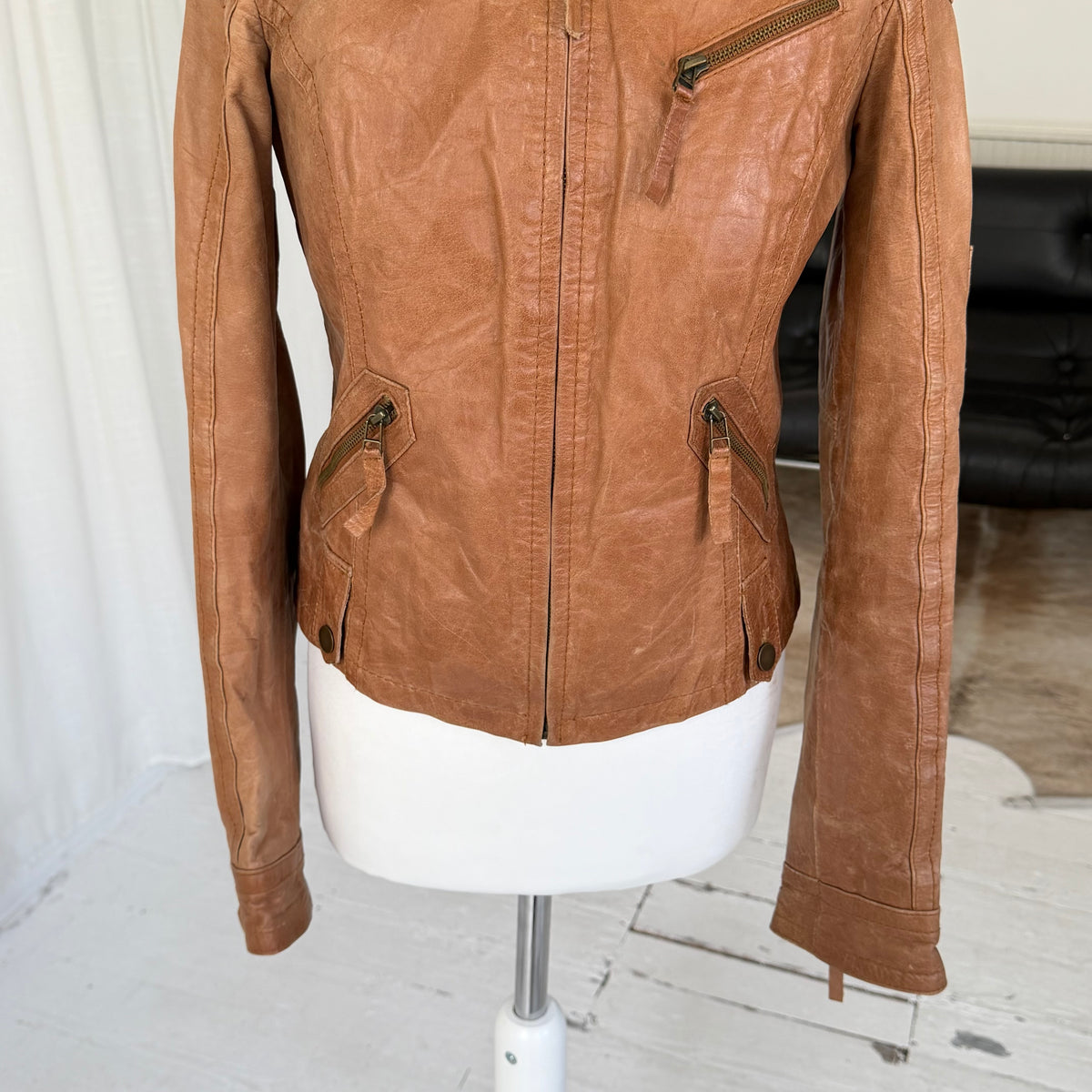 Tan Brown Leather Utility Biker Jacket