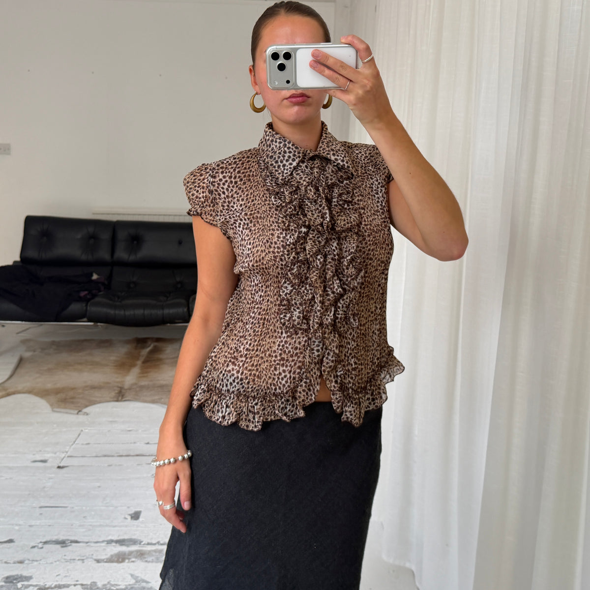 Silk Blend Leopard Ruffle Blouse