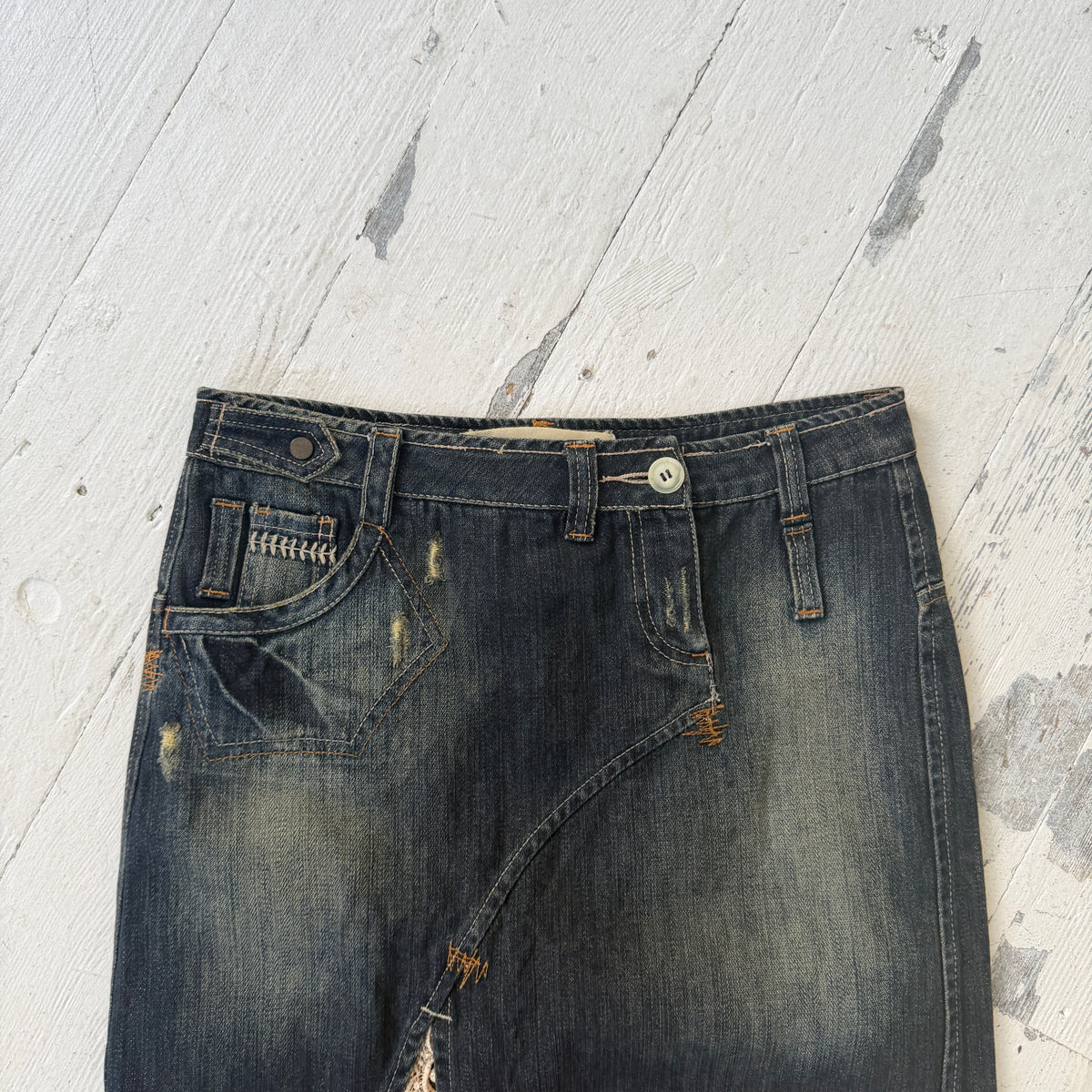 Italian Vintage Denim Fur Trim Midi Skirt