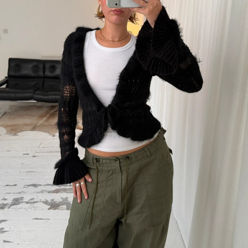 Black Angora Wool Crochet Knit Tie Cardigan