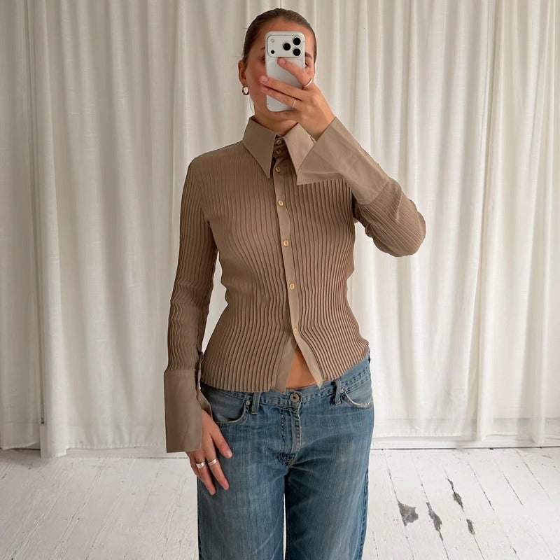 Italian Vintage Khaki Beige Pleated Shirt