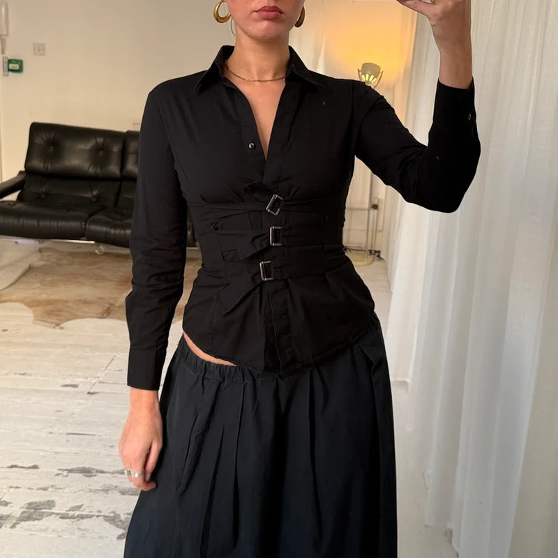 1990s Black Tailored Shirt with Buckle Detail