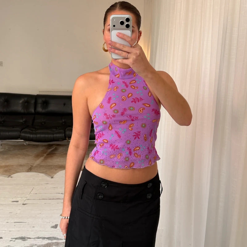 Italian Vintage Lilac Paisley Mesh Halterneck Top