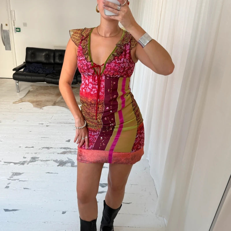 Y2K Patchwork Mesh Ruffle Midi Dress