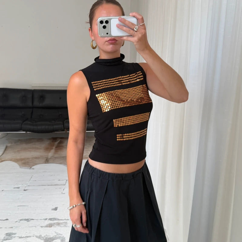 2000's Gold Sequin High Neck Top