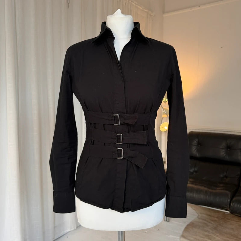 1990s Black Tailored Shirt with Buckle Detail