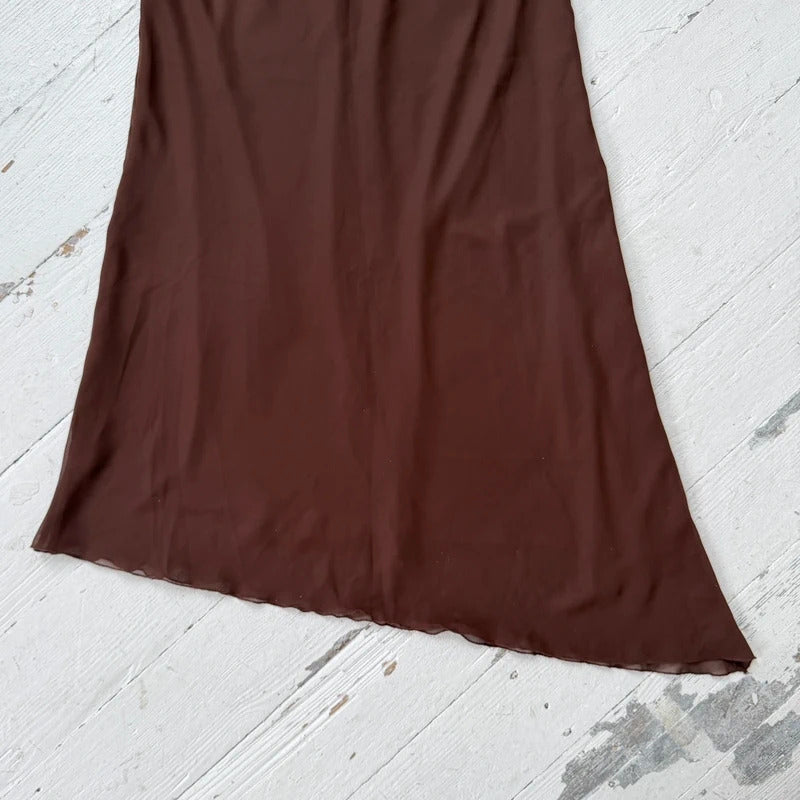 Brown Asymmetrical Mesh Midi Skirt
