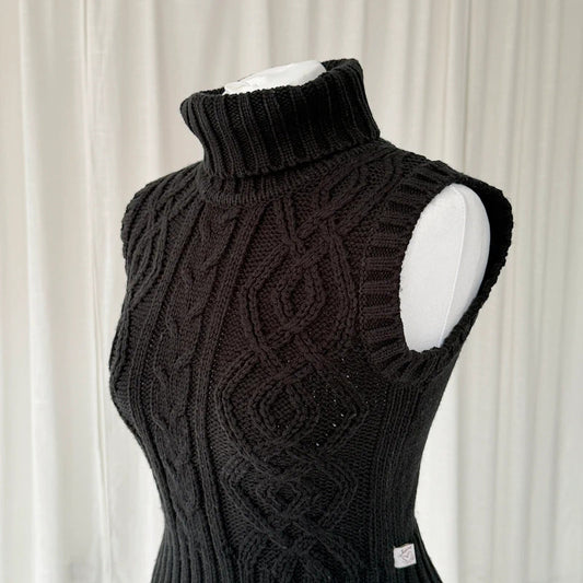 Black Cable Knit Sleeveless Rollneck