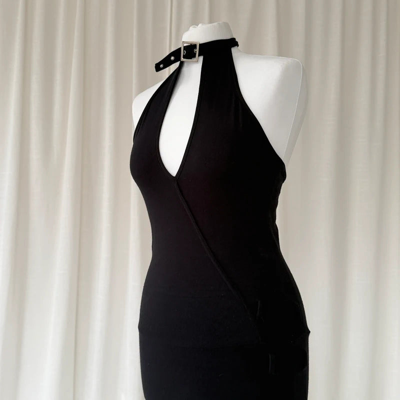 Black Halterneck Asymmetrical Mini Dress