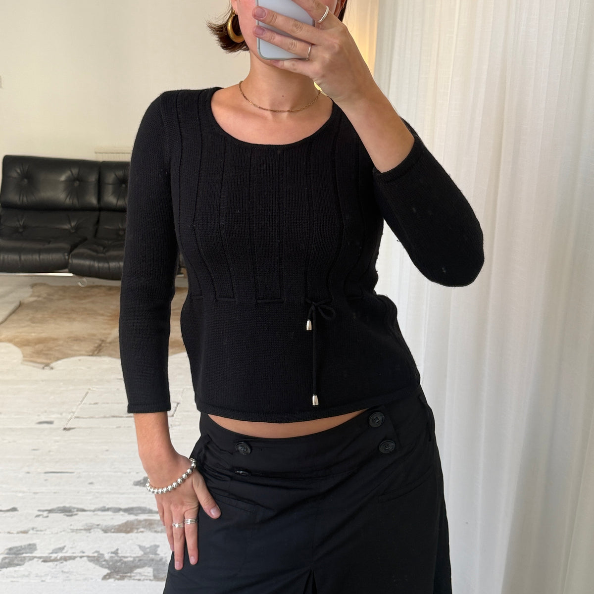 Italian Vintage Black Merino Wool Tie Detail Jumper