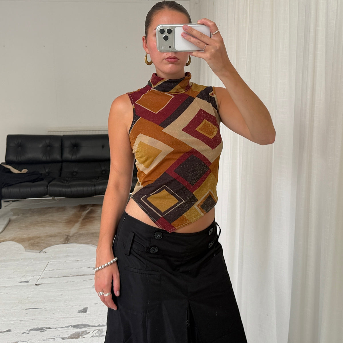 Italian Vintage Geometric Mesh High Neck Top