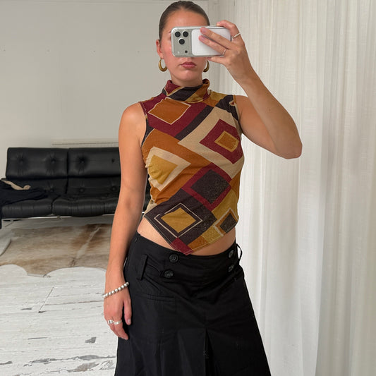 Italian Vintage Geometric Mesh High Neck Top