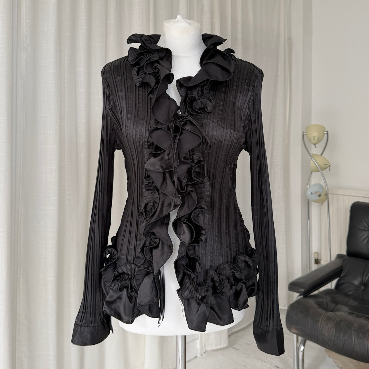 90s Black Pleated Ruffle Blouse