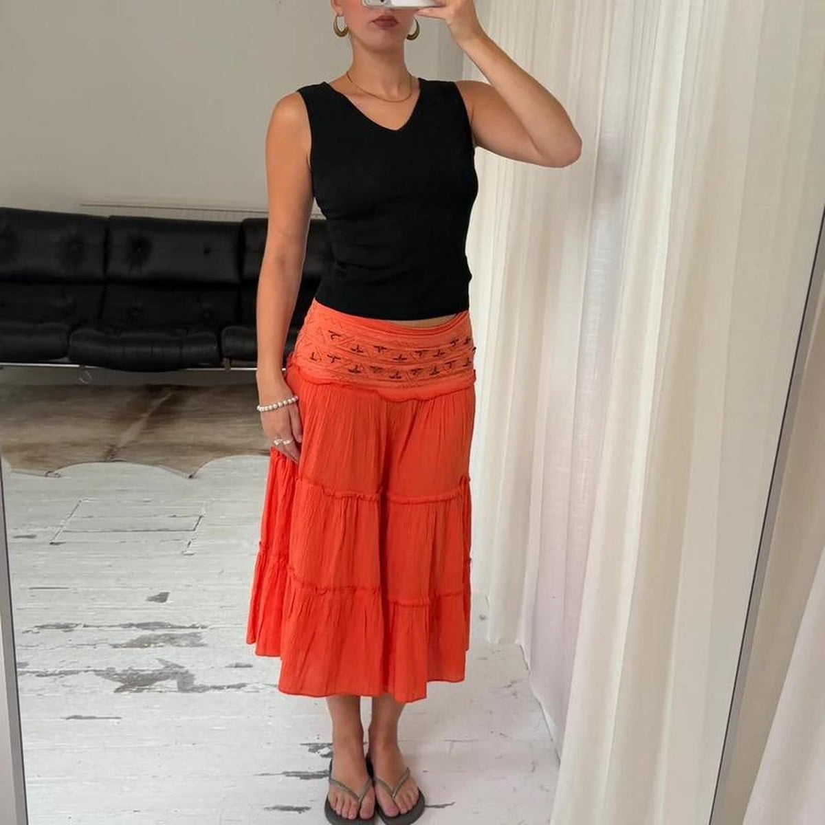 Orange Cotton Tiered Midi Skirt