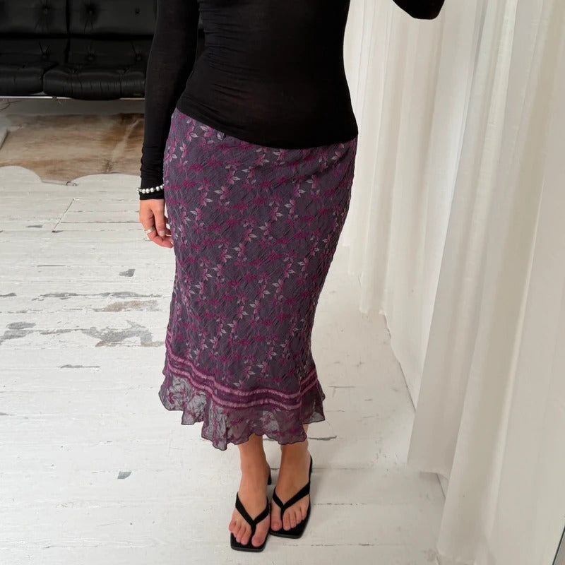 Purple Floral Wool Midi Skirt