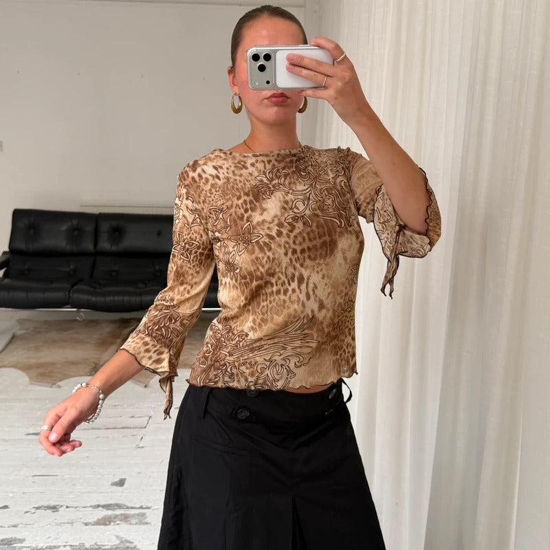 2000s Leopard Print Bell Sleeve Mesh Top