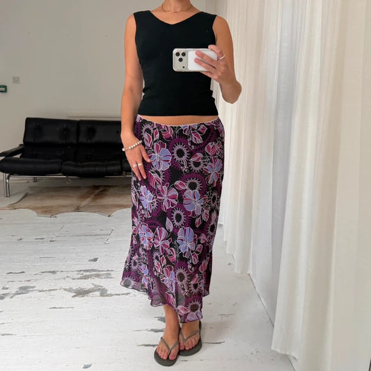 Vintage Y2K Floral Mesh Maxi Skirt
