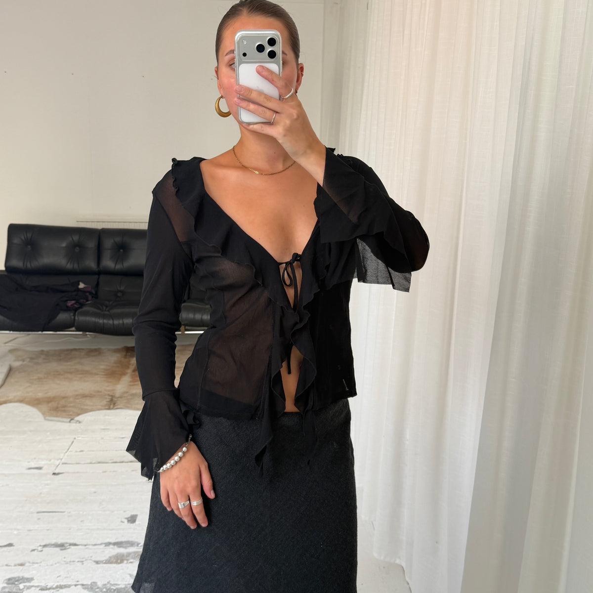 Black Sheer Ruffle Tie Blouse