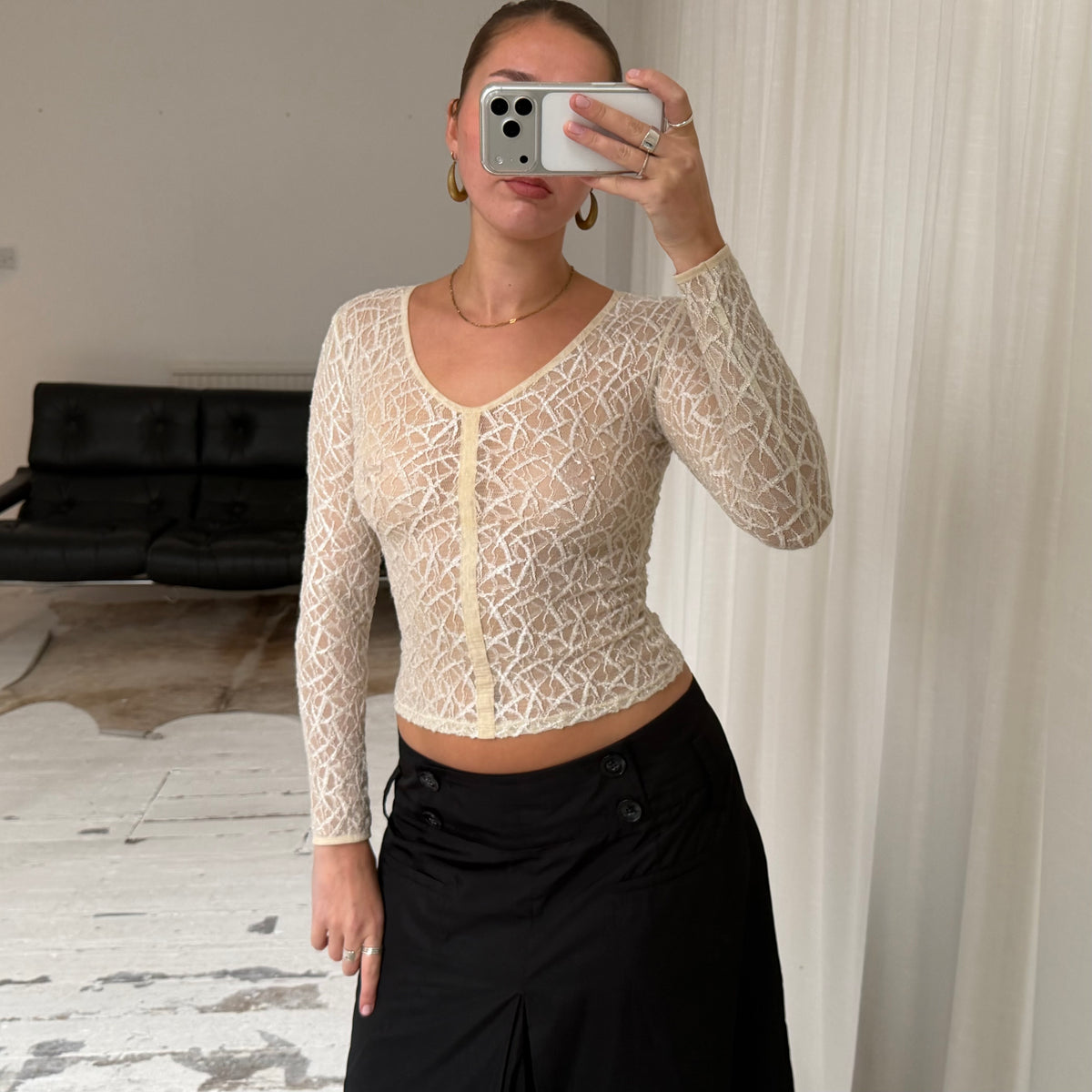 Cream Lace Mesh Long Sleeve Top