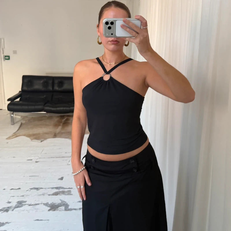 1990s Minimal Black O-Ring Halter Top