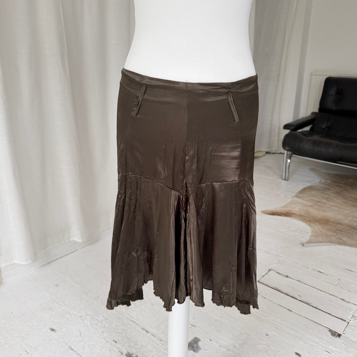 Pleated Asymmetrical Satin Skirt