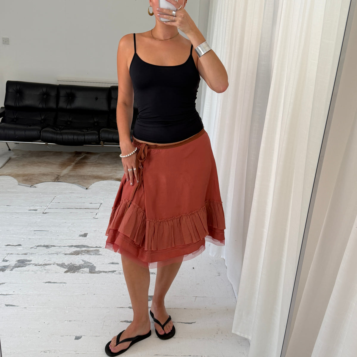 Coral Red Silk Ruffle Midi Skirt