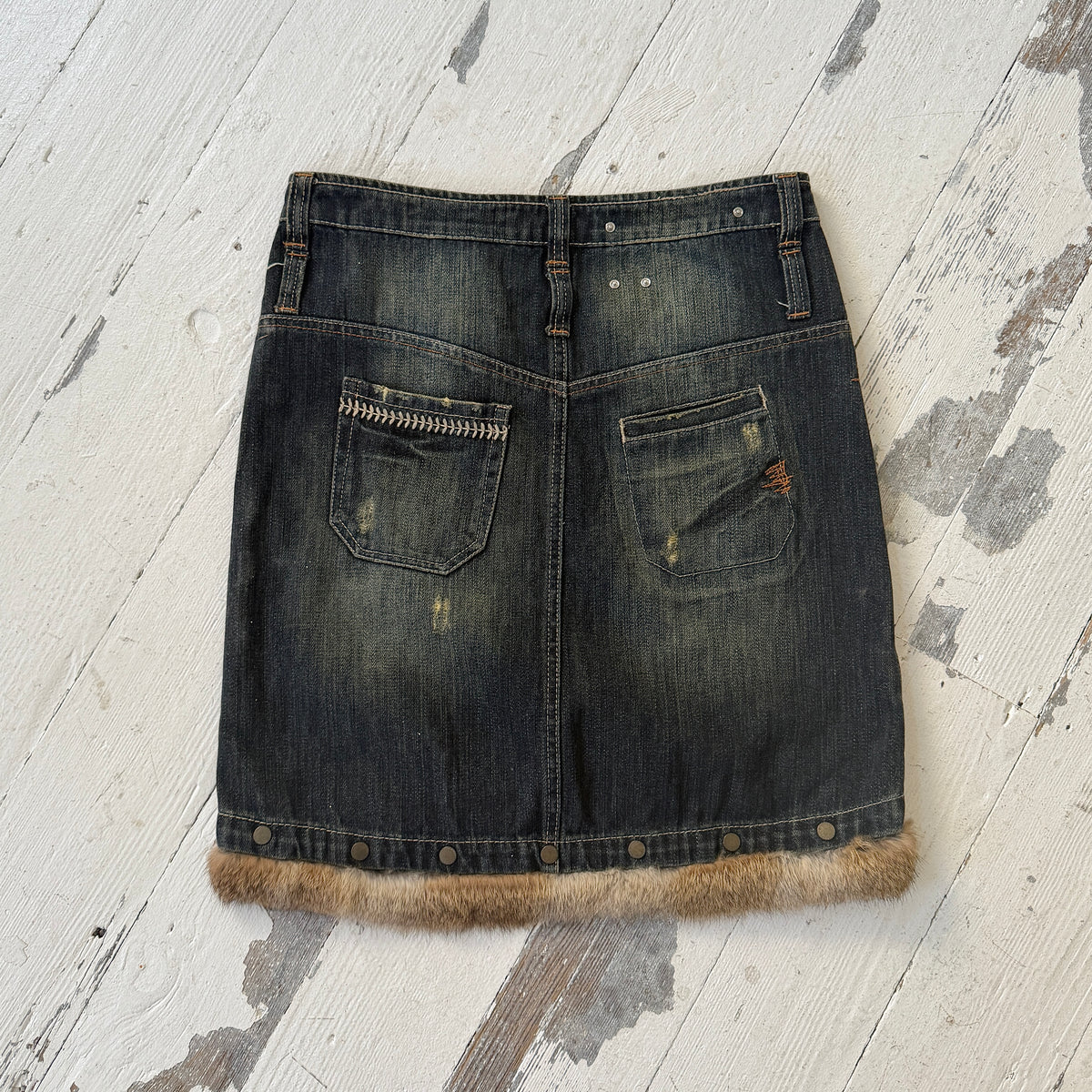 Italian Vintage Denim Fur Trim Midi Skirt