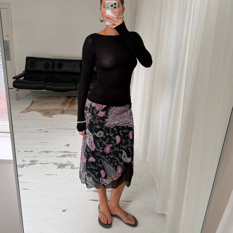 Paisley Patchwork Asymmetric Midi Skirt
