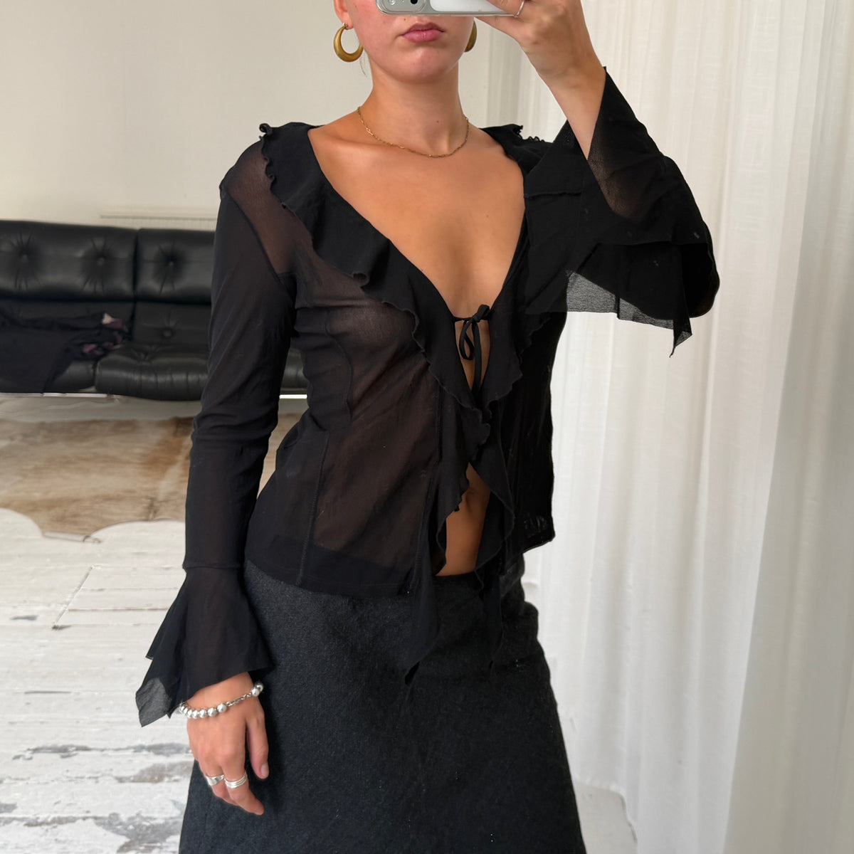 Black Sheer Ruffle Tie Blouse