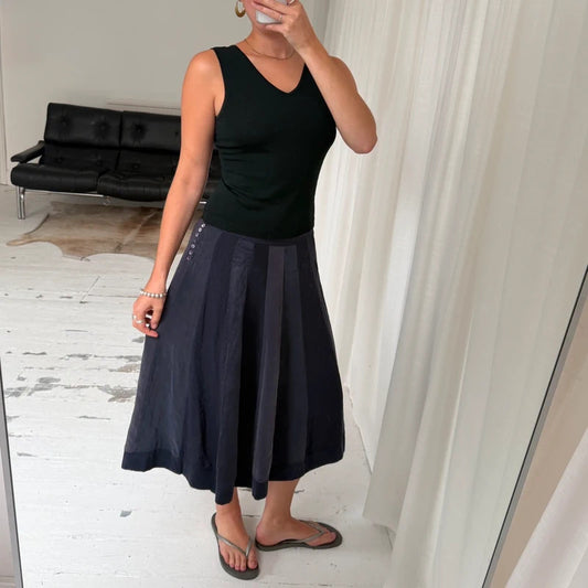 Navy Pure Silk Pleated Midi Skirt