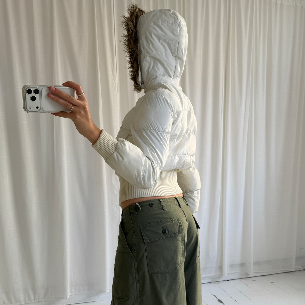 2000s Cream Cropped Puffer Bomber Jacket