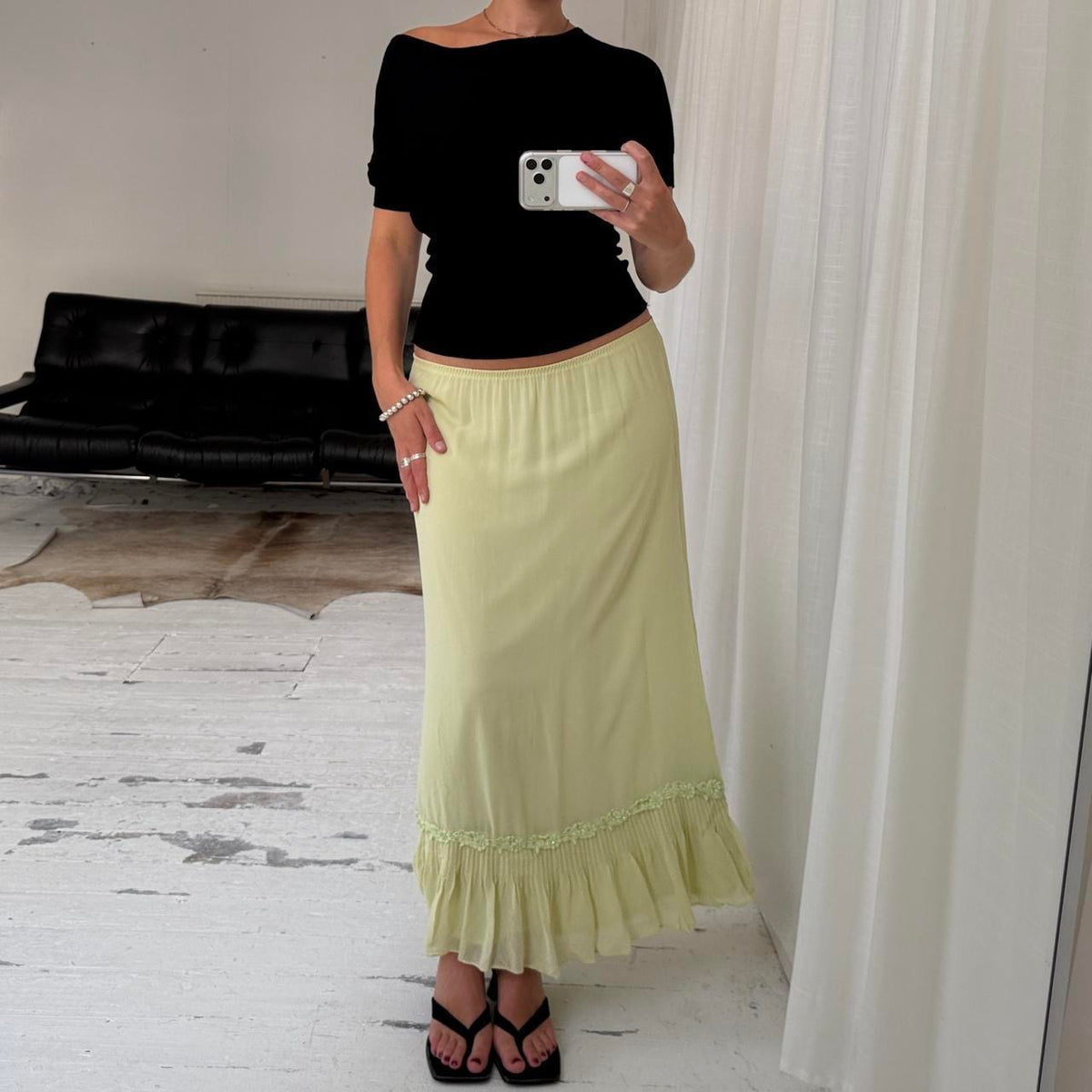 Lime Green Silk Ruffle Maxi Skirt