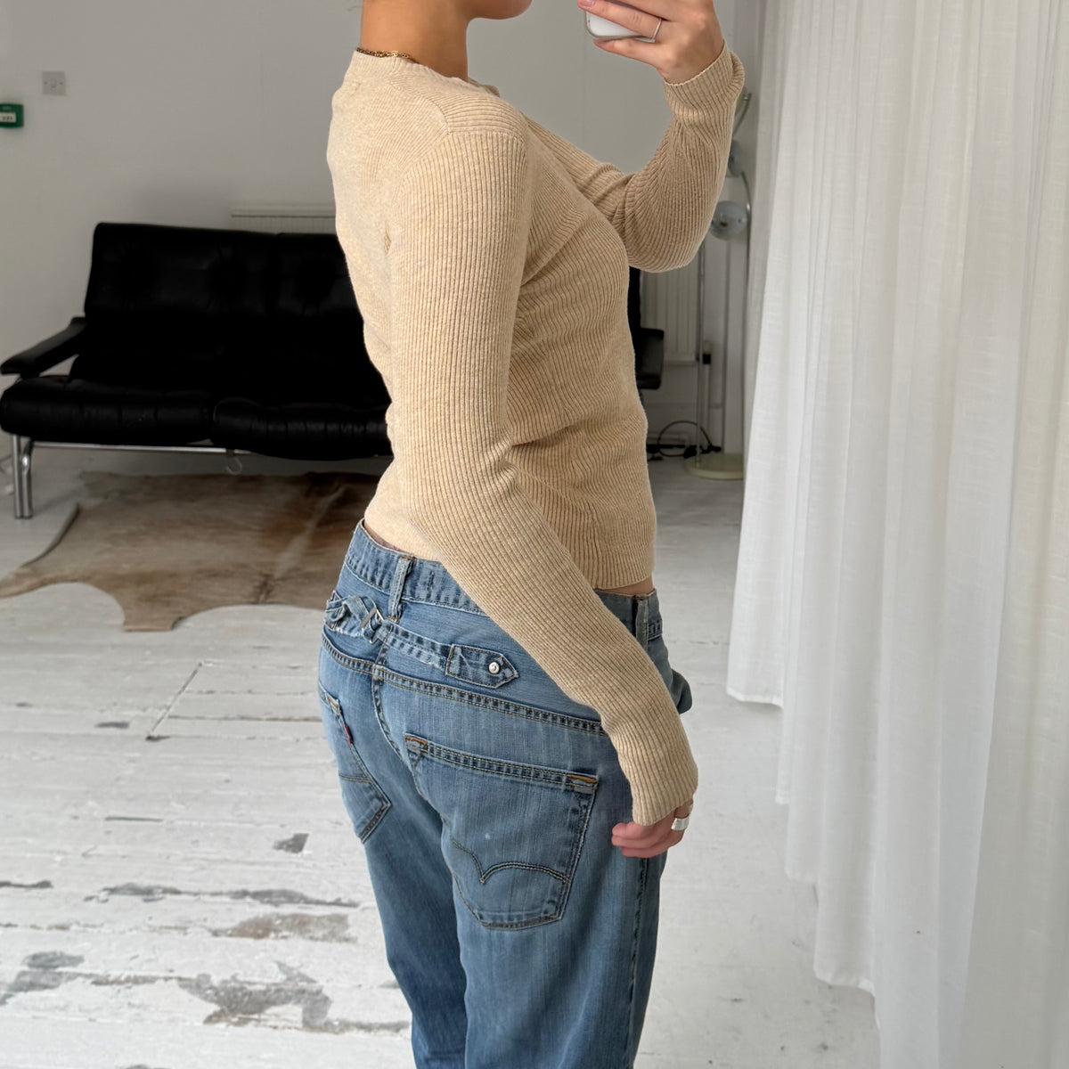 Beige Double Zip Ribbed Cardigan