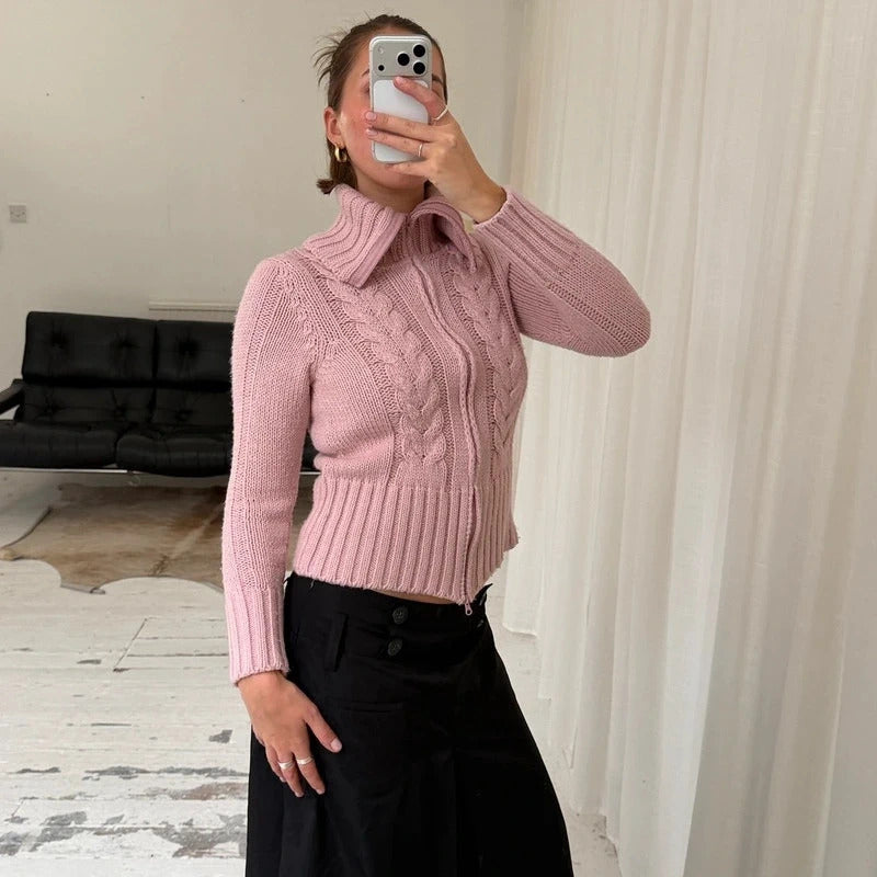 Pink Cable Knit Double Zip Jumper