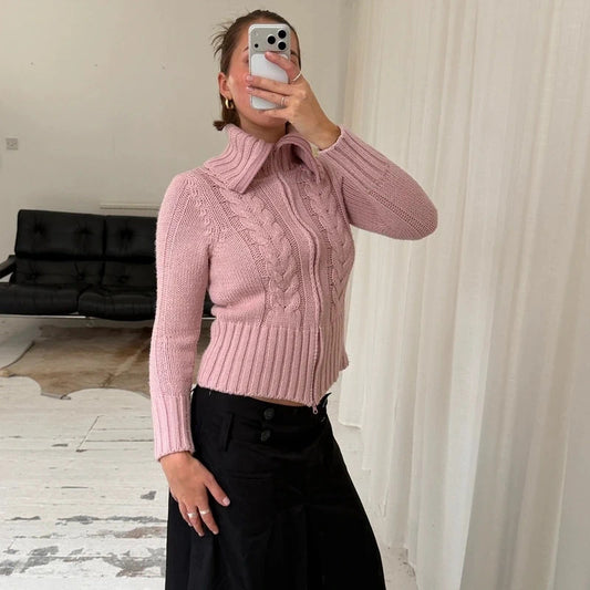 Pink Cable Knit Double Zip Jumper