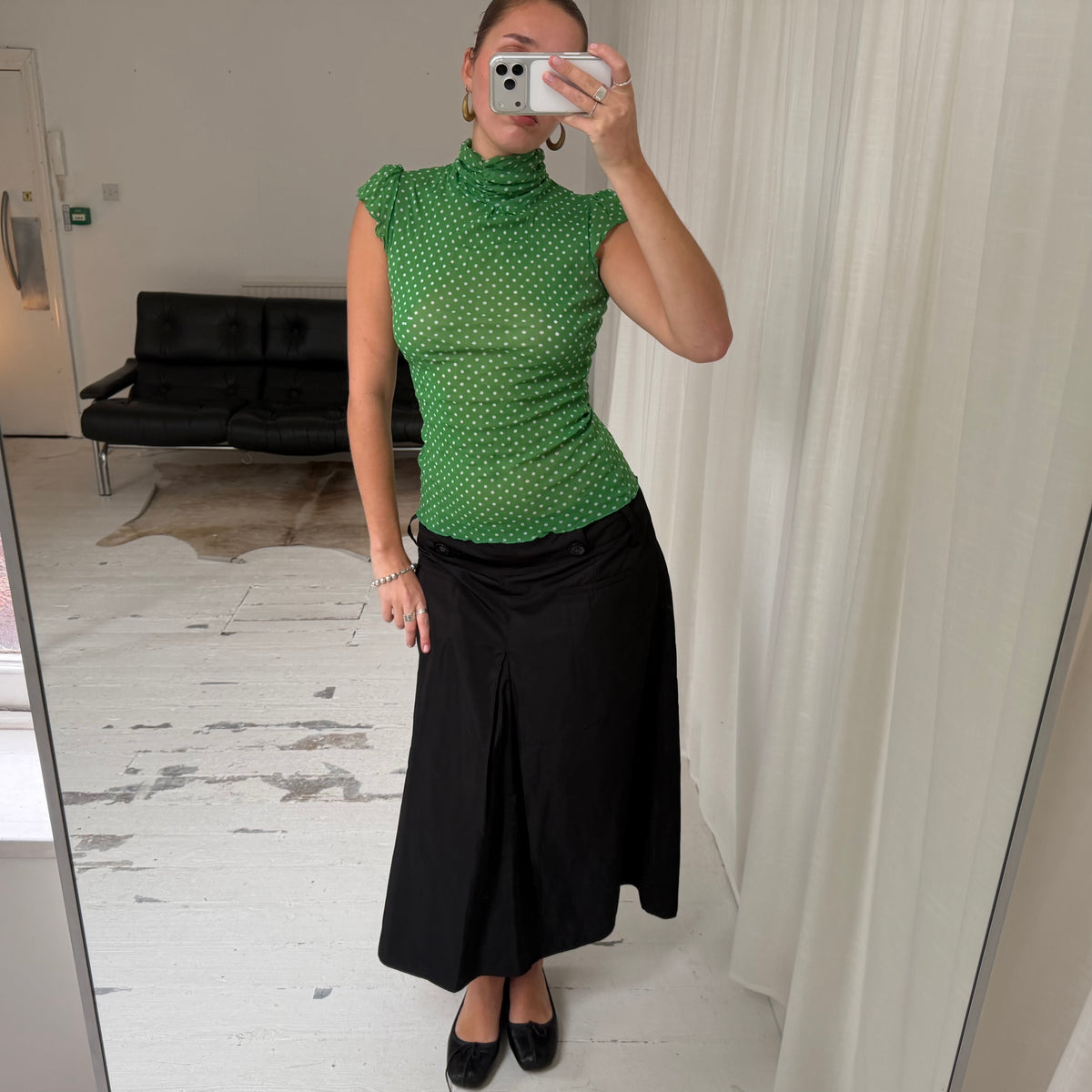 Green Polkadot High Neck Mesh Top