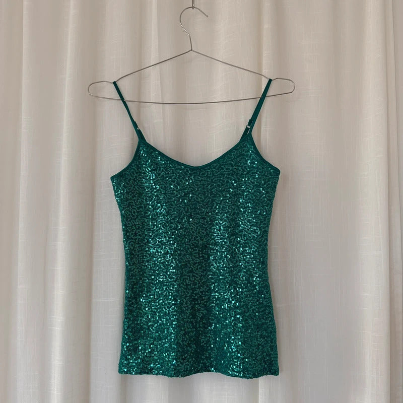 2000s Turquoise Sequin Cami Vest Top