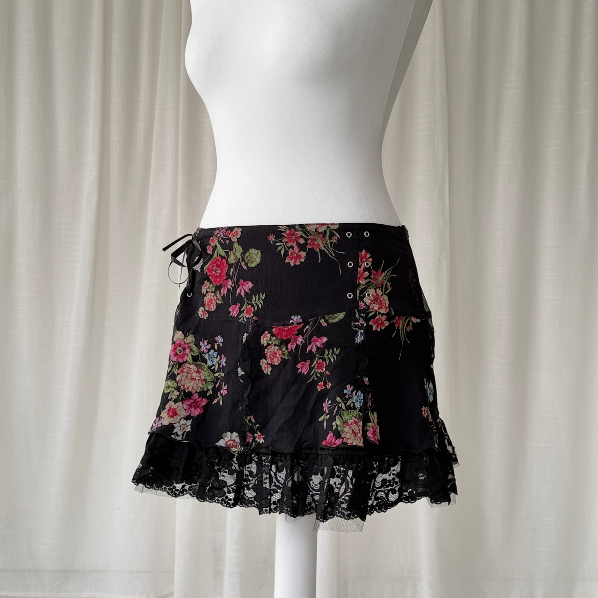 Black Floral Pure Silk Mini Skirt