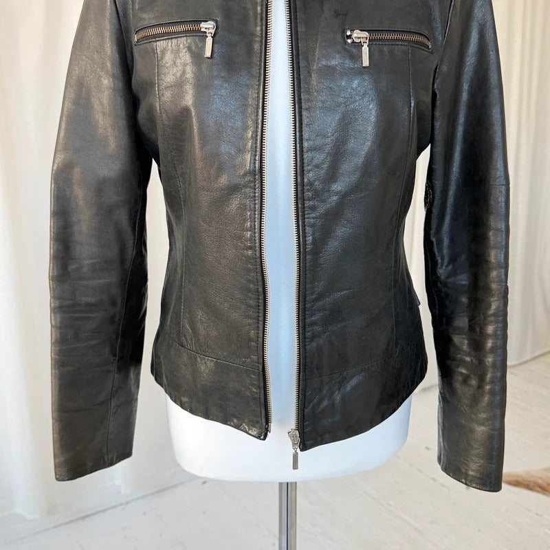 Italian Vintage Black Leather Biker Jacket