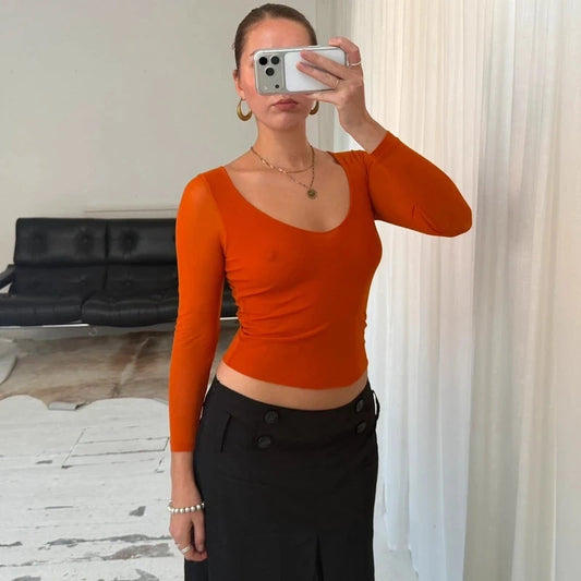 90s Orange Micro Mesh Long Sleeve Top