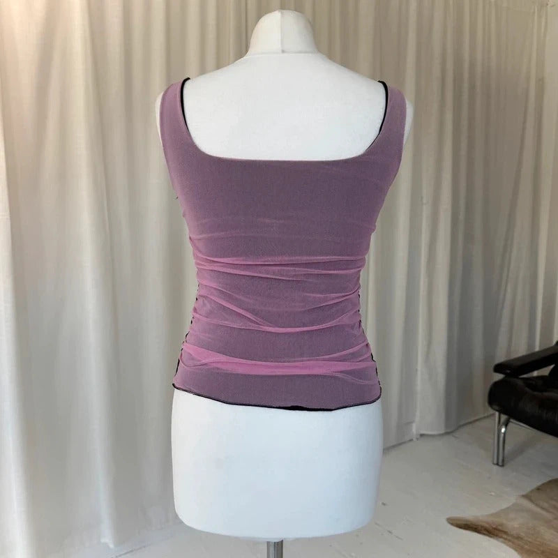 2000s Pink Ruched Mesh Corset Top