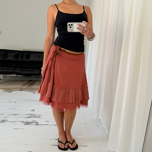 Coral Red Silk Ruffle Midi Skirt